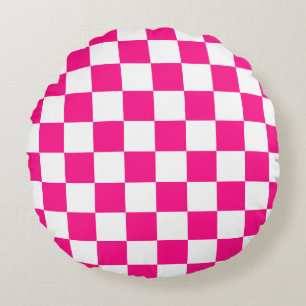 Cojín Redondo Cuadrados a cuadros rosa caliente blanco geométric
