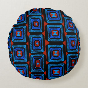 Cojín Redondo Cuadrados Aborígenes - Azul Turquesa Rojo