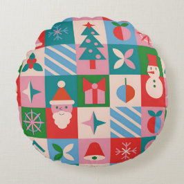 Cojín Redondo Cuadrícula Colorida con Tema de Navidad de Iconos 