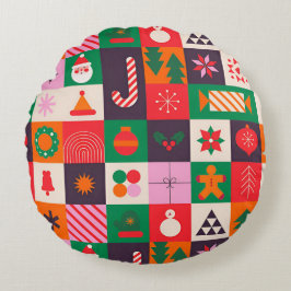 Cojín Redondo Cuadrícula Colorida con Tema de Navidad de Iconos 