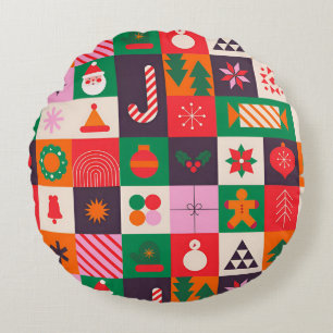 Cojín Redondo Cuadrícula Colorida con Tema de Navidad de Iconos 