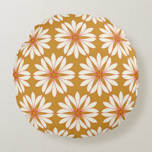 Cojín Redondo Cuadrícula floral esquelética: oro, rojo, marfil