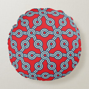 Cojín Redondo Cuadrícula hexagonal, azul rojo, patrón geométrico