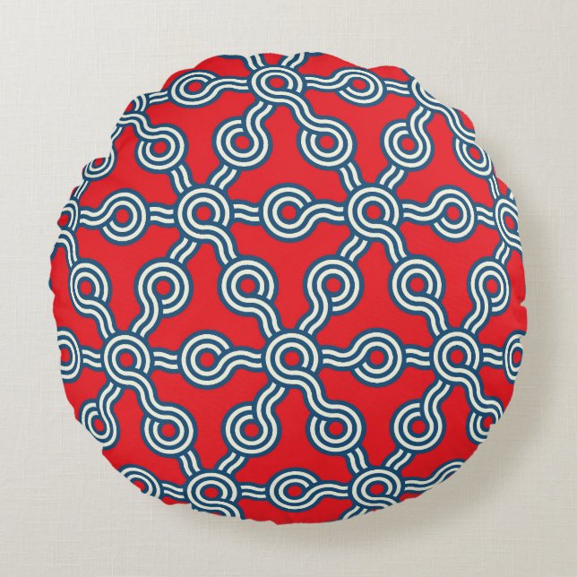 Cojín Redondo Cuadrícula hexagonal, azul rojo, patrón geométrico (Anverso)