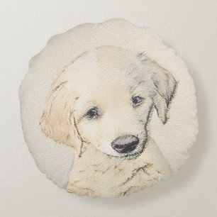 Cojín Redondo Cuadros De Cachorro Dorado - Arte Original De Perr