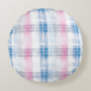 Cojín Redondo Cuadros de rayas blancas azules y rosadas