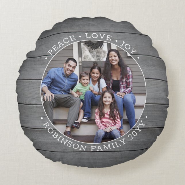 Cojín Redondo Cualquier texto 2 foto Rústico Gris moderno Madera (Anverso)