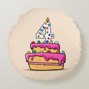 Cojín Redondo Cuarto cumpleaños chica, cuatro en pastelito rosa 