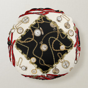 Cojín Redondo Cubierta vintage: Patrón de reloj de cadena