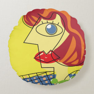 Cojín Redondo Cubismo colorido: arte retrato femenino.