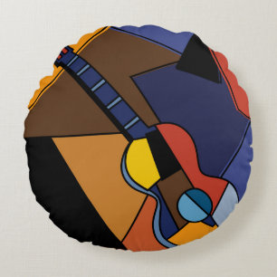 Cojín Redondo Cubista De Surrealismo De Guitarra.