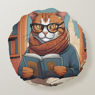 Cojín Redondo Cuchillo de gato. Gato lindo leyendo un libro.