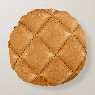 Cojín Redondo Cuero marrón de lujo, textura interior.