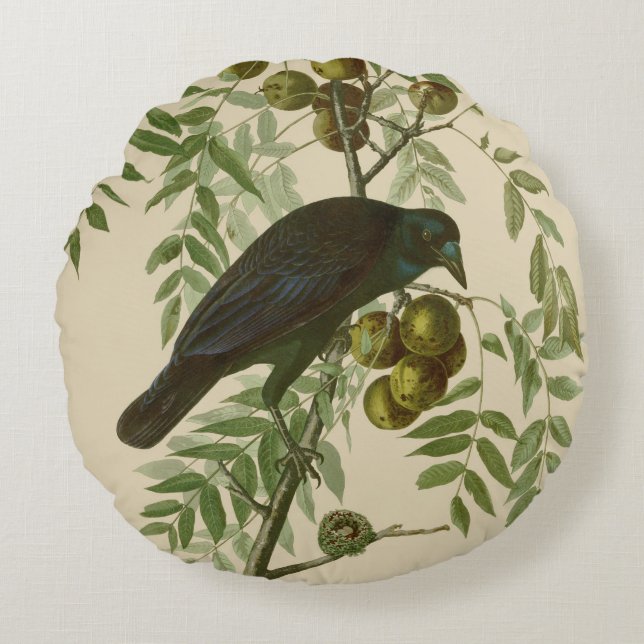 Cojín Redondo Cuervo Americano de Audubon Pájaro Negro (Anverso)