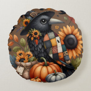 Cojín Redondo Cuervo Caprichoso con Calabazas y Girasoles