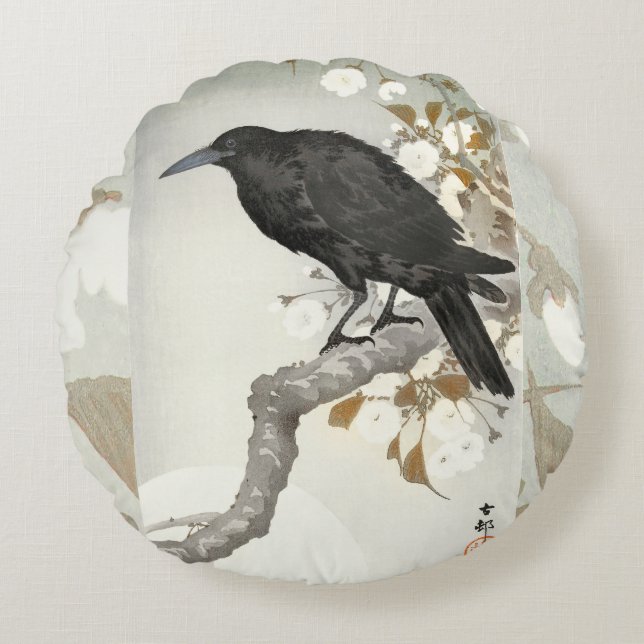 Cojín Redondo Cuervo Cuervo Japonés Koson Pájaro (Anverso)