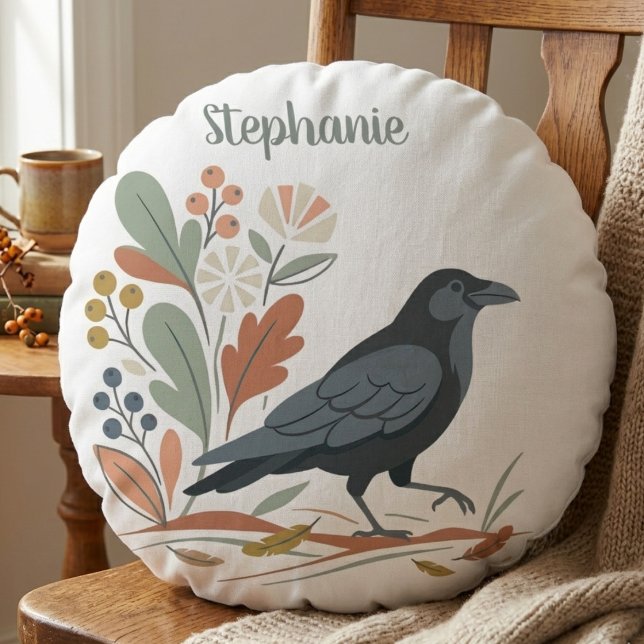 Cojín Redondo Cuervo Negro Pájaro Botánico Otoño (Black raven botanical round pillow)