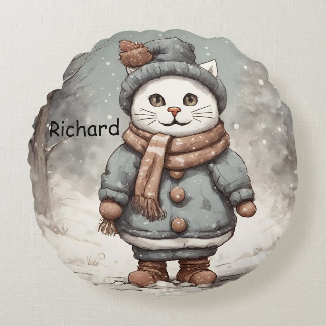 Cojín Redondo Cuidados Navidades Gato Snowman Watercolor Whimsic (Anverso)