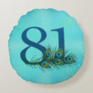 Cojín Redondo Cumpleaños 81 Elegante Pluma de Pavo Real Aniversa
