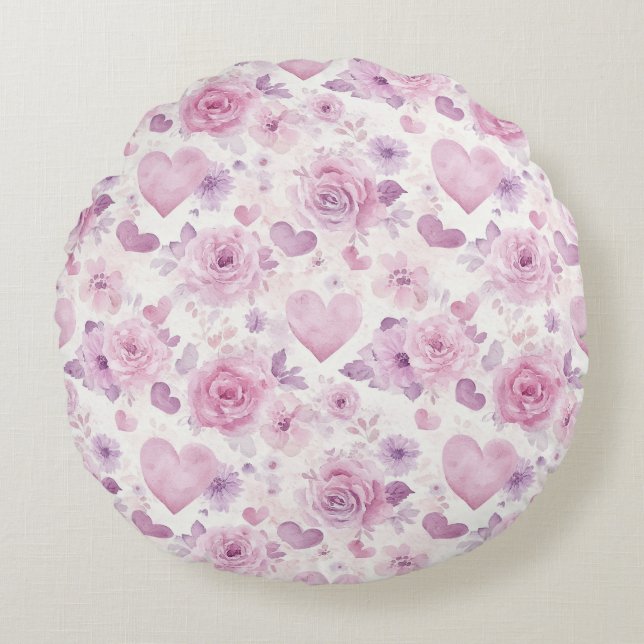 Cojín Redondo Cumpleaños Flores Corazones Rosas Moradas (Anverso)
