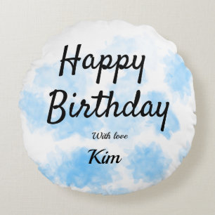 Cojín Redondo Cumpleaños simple acuarela azul añade tu nombre pe