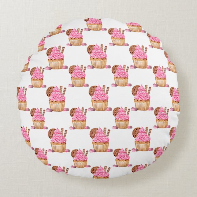 Cojín Redondo Cupcake de acuarela rosa con patrón de chocolate (Anverso)