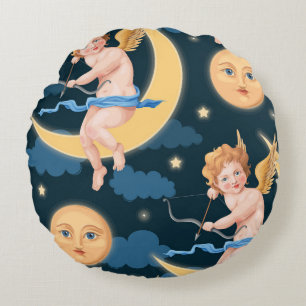Cojín Redondo Cupido de San Valentín, luna: patrón sin fisuras
