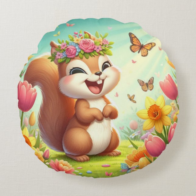 Cojín Redondo Cura, ardilla de primavera feliz (Anverso)