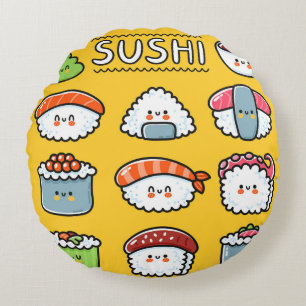 Cojín Redondo Curioso y feliz sushi maki rolls personalizado sin