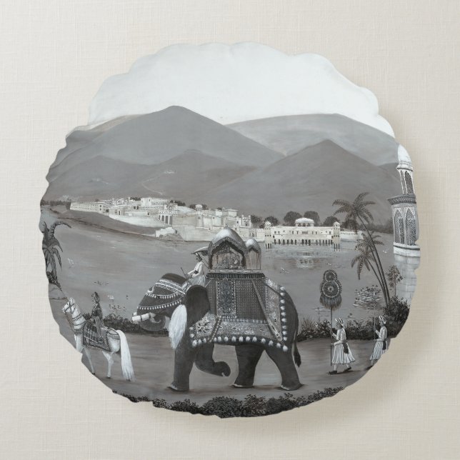 Cojín Redondo Cushiro de impresión de arte del patrimonio indio (Anverso)