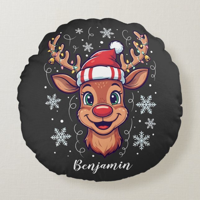 Cojín Redondo Custom Christmas Cheer Cute Reindeer in Hat  (Anverso)