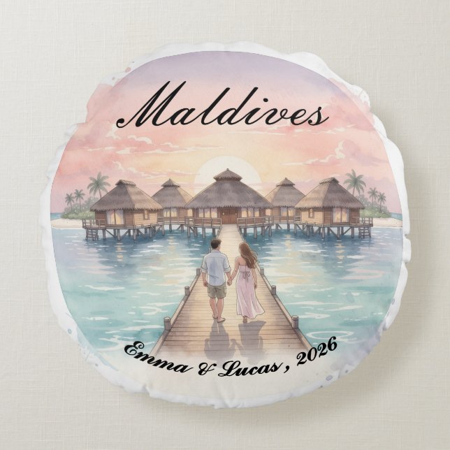Cojín Redondo Custom Couple Maldives Honeymoon Keepsake (Anverso)
