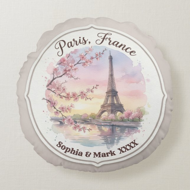 Cojín Redondo Custom Couple's Paris & Cherry Blossom Keepsake (Anverso)
