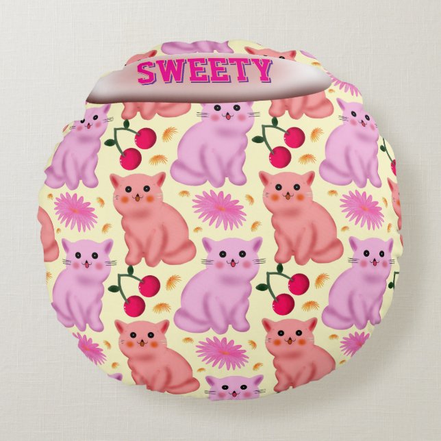 Cojín Redondo Custom Cute Cat Cherry Floral Pattern (Anverso)
