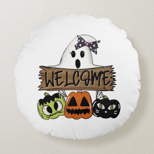 Cojín Redondo Custom Halloween Welcome Sign Round Pillow (Anverso)