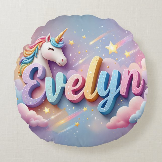 Cojín Redondo Custom Pastel Unicorn Name Pillow (Anverso)