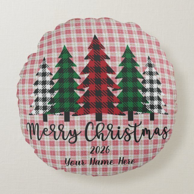 Cojín Redondo Customizable Plaid Merry Christmas Round Pillow (Anverso)