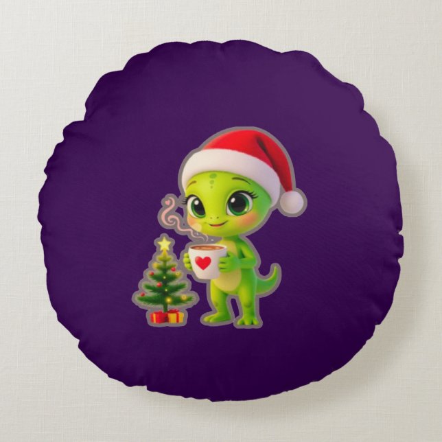 Cojín Redondo **Cute 3D Green Alien in Santa Hat with Hot Chocol (Anverso)