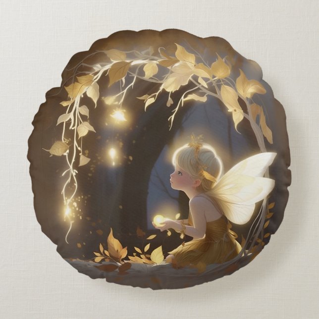 Cojín Redondo Cute Autumn Fairy with Glowing Flowers (Anverso)