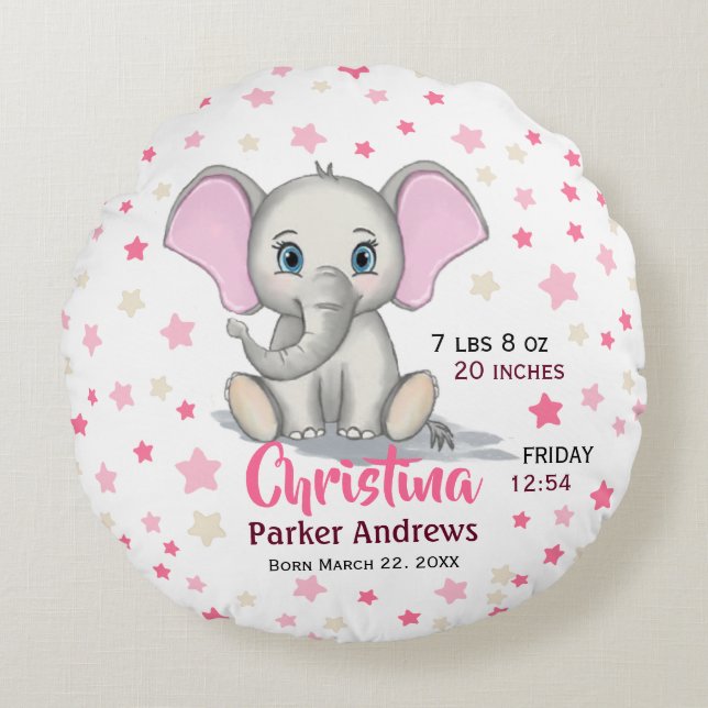 Cojín Redondo Cute Baby Elephant with Pink Ears Girl Birth Stats (Anverso)