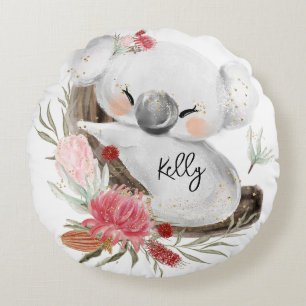Cojín Redondo Cute Baby Koala Gold Speckle Nombre personalizado