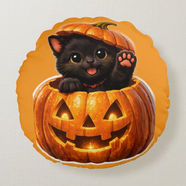 Cojín Redondo Cute black kitten and jack-o'-lantern spooky sweet (Anverso)