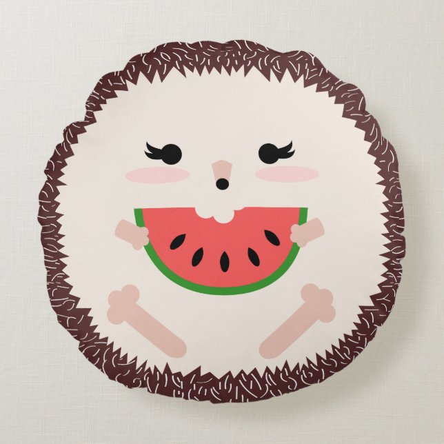 Cojín Redondo Cute Brown Hedgehog Comer Watermelon Slice (Anverso)