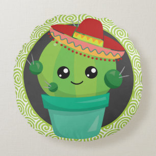 Cojín Redondo Cute Cactus en un Sombrero