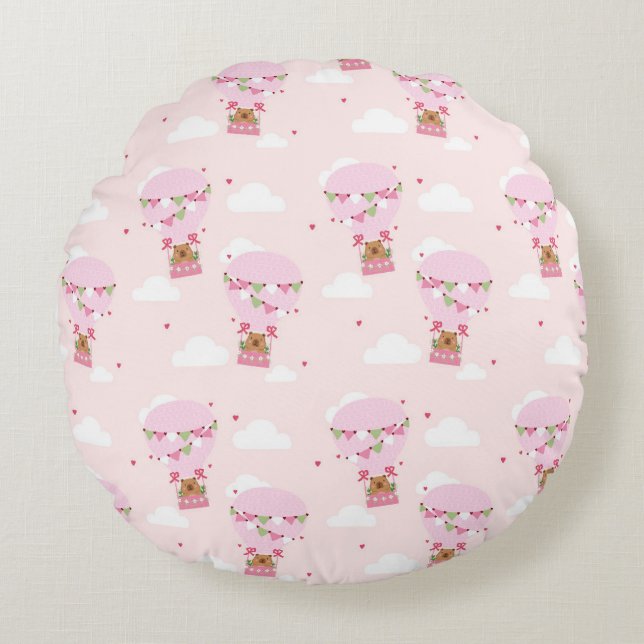 Cojín Redondo Cute Capybara Hot Air Balloon (Anverso)