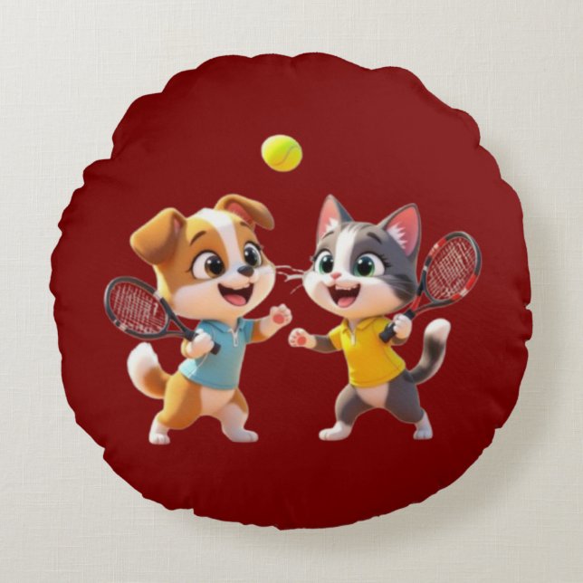 Cojín Redondo Cute Cartoon Dog and Cat Playing Padel Tennis – Fu (Anverso)