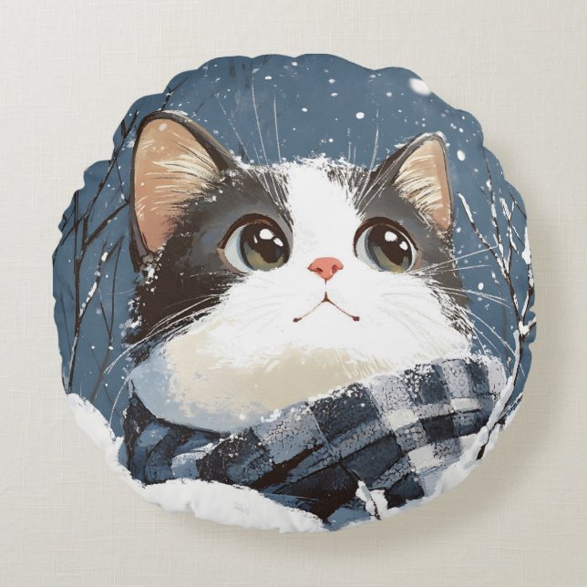 Cojín Redondo Cute cat cozy winter snow (Anverso)