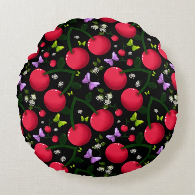 Cojín Redondo Cute Cherry Butterfly Pattern, Glossy Kawaii Fruit (Anverso)