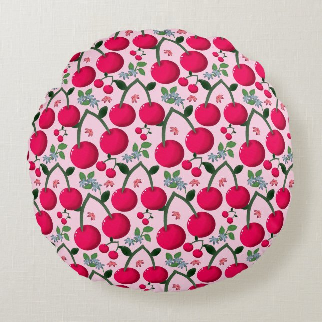 Cojín Redondo Cute Cherry  Pattern, Glossy Kawaii Fruit (Anverso)