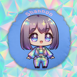 Cojín Redondo Cute Chibi Monograma Holográfico sobre Azul |